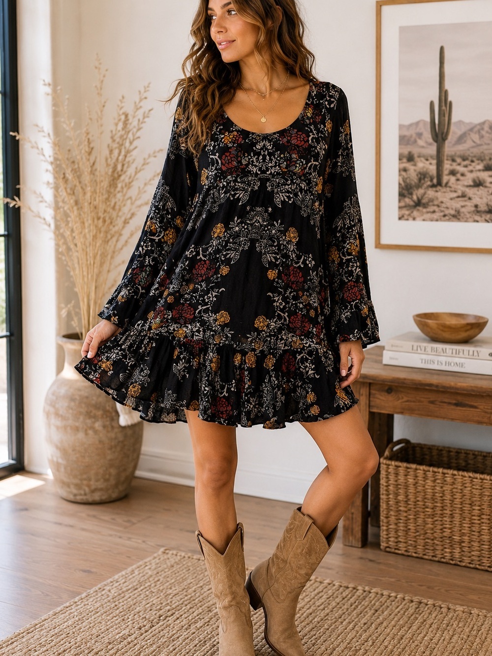 Free People Black Floral Open Back Tunic Dress Medium Boho